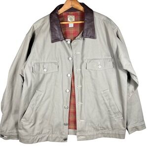 Vintage Marlboro Work Jacket Mens L Khaki Tan Leather Collar Plaid Lined Chore
